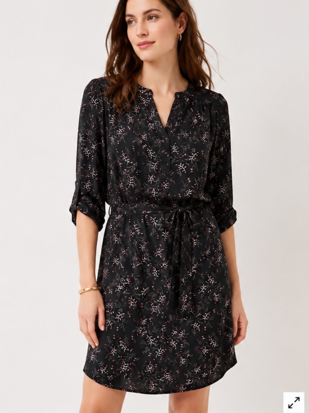 LOFT Black Floral Tie-Waist Mini Dress